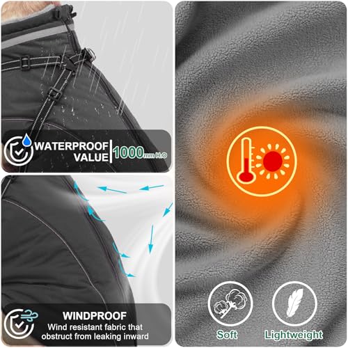 Fragralley Dog Coat with Harness Built in, Waterproof Windproof Reflective Warm Puffer Jacket, Fleece Lined Vest Winter Parka for Small, Medium, Large Dogs - color: Grey, size: Large