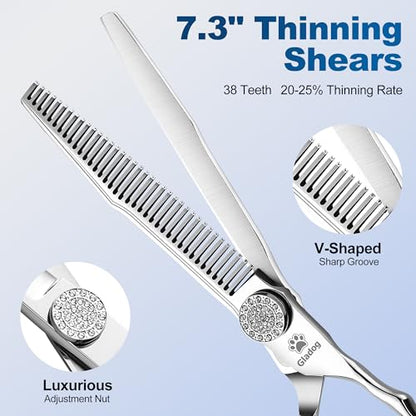 GLADOG 럭셔리 강아지 그루밍 가위 세트 - 17.8cm(7인치) 스트레이트, 16.5cm(6.5인치) 얇음, 17.8cm(7인치) 청커, 17.8cm(7인치) 곡선 - 9CR 스틸, 실버 럭스, 오른손, 플라스틱 손잡이, 4개입 - style: 프리미엄 세트