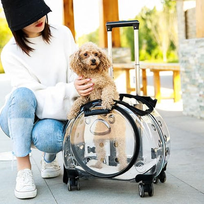Cat Carrier with Wheels, Transparent Bubble Cat Carrier with Ventilation Holes and Telescopic Handle, 2 in 1 Design, Pet Trolley & Backpack, Portable Dog Crate for Traveling, Walking Black - color: Black