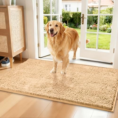 Chenille Absorbent Front Door Mat 60" x 30", Dog Door Mat for Muddy Paws, Trap Dirt Doormat, Mud Mat for Dogs, Washable Non Slip Outdoor Indoor Doormats for Entryway, Beige - color: Beige, size: 60"L x 30"W x 1"Th