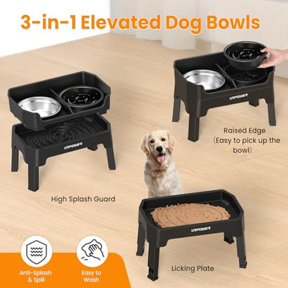 URPOWER 3-in-1 Elevated Dog Bowls - Mess Proof Double Deck 4 Height Adjustable Raised Stand with Stainless Steel Bowl & Slow Feeder & Licking Plate for Small, Medium & Large Dogs - color: Matte Black, size: Large
