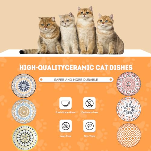 YEAHGO Cat Bowls Ceramic Cat Food Bowl for Indoor Cats and Kittens, 5.5" Anti Whisker Fatigue Cats Dishes, Shallow Wide Plates Cute Pet Feeding Bowls for Food and Water,6 Pack - size: Boho–6 Pack