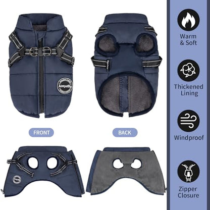 Dog Winter Coat, Warm Dog Jacket Reflective Adjustable Fleece Vest with Harness Built in,Windproof Pet Snow Jacket Snowsuit with Zipper for Small Medium Dogs, Navy Blue XS - color: Blue, size: X-Small