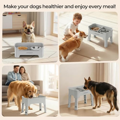 URPOWER Mess Proof Elevated Dog Bowls, High Wall Splash Guard Design, 4 Height Adjustable Raised Bowl Stand, 2 Stainless Steel Bowls, Non-Slip Food Water Set for Small Medium Large Dogs - color: Light Grey, size: Medium