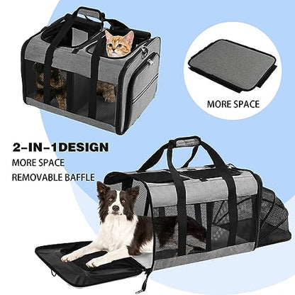 Portable 2-in-1 Pet Carrier,Double Compartment Cat & Dog Carrier for 2 Cats,Expandable Medium Dogs Large Cat Carrier with Sturdy Base,Breathable,Good for Traveling Walking Camping（Grey） - color: Grey