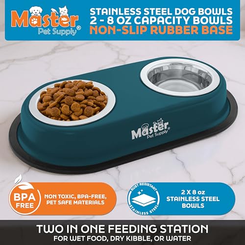 Master Pet Supply Double Dog Bowls Set with Elevated Base and 2 (8 oz) Stainless Steel Removable Dishes (Emerald Sea) – Double Cat Food Water Bowl, Dog Puppy Food Bowl Set, Rust Resistant - color: Emerald Sea