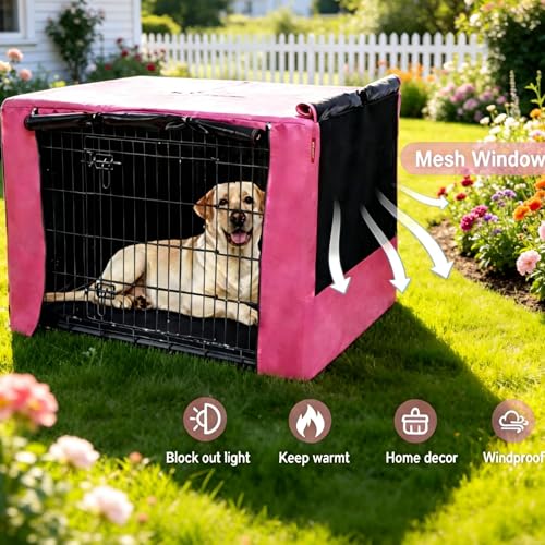 HiCaptain Breathable Dog Crate Cover 42 Inch, Durable Heavy Duty Kennel Cover for Dogs, Dual Zippered Panels, Windproof Waterproof UV-Resistant, Pink - color: Pink, size: 42.0"L x 28.0"W x 30.0"H