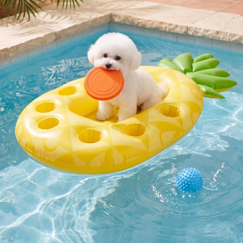 AceOrbit 6-in-1 Pineapple Dog Pool Float for Small Dogs Puppy, Inflatable Pet Float with Flying Disc, Balls & Towel, Cute Puppy Pool Raft for Water Play Party, 17.7'' x 29.5'', Supports up to 11 Lbs