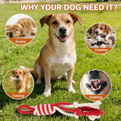 3 Pack Cotton Rope Dog Toy Set, Indestructible Chew Toys for Aggressive Chewers, Puppy Teething Toys with Bone, Human & Rope Dog Ball Designs for Boredom Relief & Tug of War， Red-White - style: Red-White suit（3 pack）
