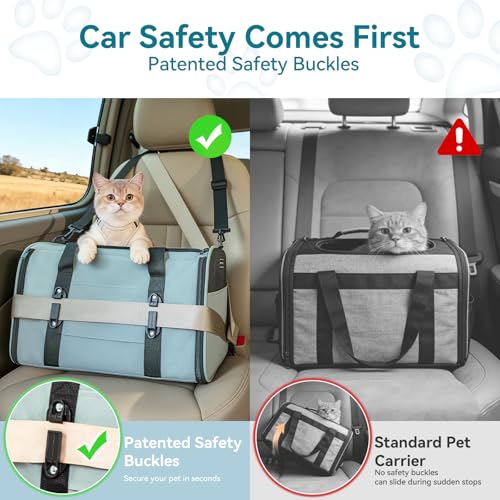 PETSFIT Soft-Sided Cat Carrier with Patented Safety Buckles, Lockable Zippers & Safety Tether,Escape-Resistant Travel Pet Carrier for Car Rides & Vet Visits, Airline Approved Under-Seat, Up to 12 lbs - color: Cyan blue, size: 18.0"L x 11.0"W x 11.0"H