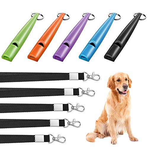 Weewooday 5 Pcs Dog Whistle Training to Stop Barking Plastic Dog Recall Training Whistle with Adjustable Lanyards and Key Rings(Black, Orange, Blue, Purple, Green)