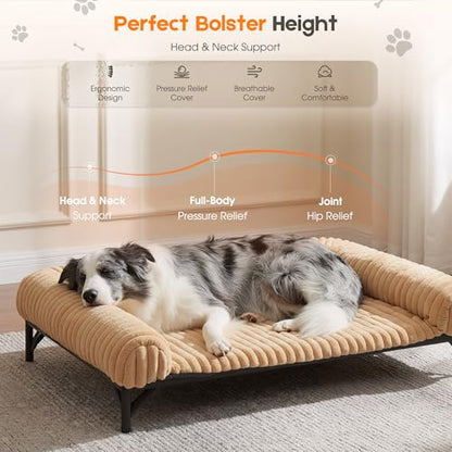 Elevated Dog Bed with Removable Fluffy Pillow Cushion, Raised Pet Cot Washable Bolster, Dog Couch Sofa, Anti Slip Feet, Breathable Mesh, Khaki, 49"×36" - color: khaki, size: XL(49"×36"×8")
