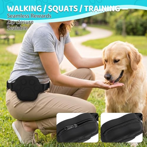 Dog Treat Pouch with Training Clicker and 2 Poop Bags, 1.8 Cup Small Sealable Zipper Silicone Fanny Pack with Waist Belt, Pet Puppy Training & Walking Essentials (Black) - color: Black