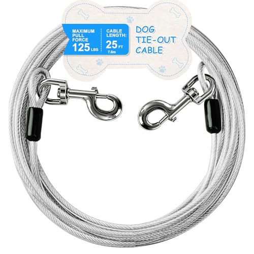 Tie Out Cable, 15/25/40/50 FT Runner Cable with Swivel Hook,Dog Leash Run Tether for Yard Outdoor and Camping,for Small to Medium Pets Up to 250 LBS（Silver） - color: New-Silver, size: 25Ft-125LBS