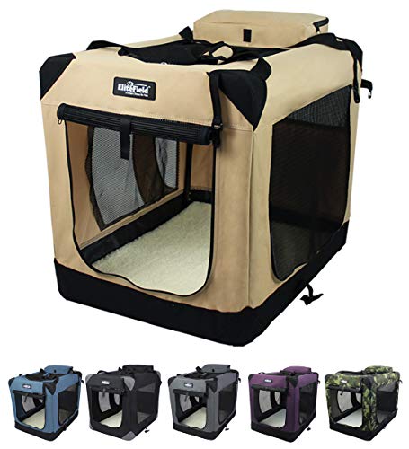 EliteField 3-Door Folding Soft Dog Crate with Carrying Bag and Fleece Bed (2 Year Warranty), Indoor & Outdoor Pet Home (20" L x 14" W x 14" H, Beige) - color: Beige, size: 20.0"L x 14.0"W x 14.0"H