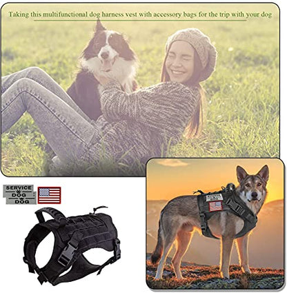 Tactical Dog Harness Vest with Pouches Training Outdoor Military K9 Harness Tactical Vest Detachable Medicine & Water Bags, 3 Patches - color: Black, size: Large (Pack of 1)