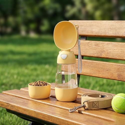 2-in-1 Dog Water Bottle, 400ML Water + 200ML Food Leak-Proof Pet Travel Water Dispenser with Detachable Bowl, BPA-Free Portable Dog Water Bottle for Walking, Hiking, Travel (Yellow) - color: yellow