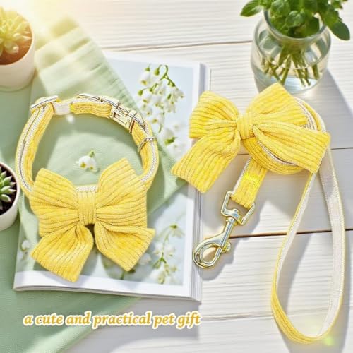 Dog Collar and Leash Set with Bowtie, Soft & Cute Puppy Collar, Cotton Puppy Collar with Adjustable Metal Buckle for Small, Medium Dog (Yellow, Size M: Neck 13"-22") - color: Yellow, size: M: Neck 13"-22" Leash 5 FT