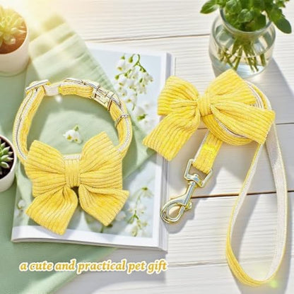 Dog Collar and Leash Set with Bowtie, Soft & Cute Puppy Collar, Cotton Puppy Collar with Adjustable Metal Buckle for Small, Medium Dog (Yellow, Size M: Neck 13"-22") - color: Yellow, size: M: Neck 13"-22" Leash 5 FT