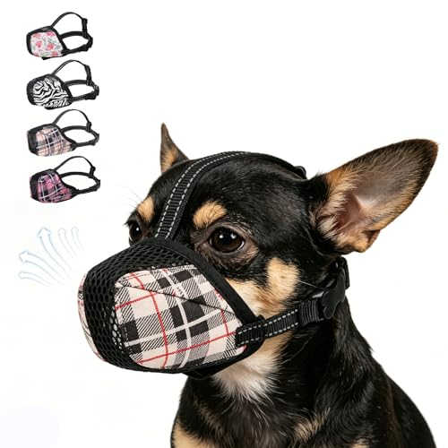 KOOLTAIL Dog Muzzle,Soft Breathable Dog Muzzles for Small Medium Large Sized Dogs to Anti Barking Grooming Biting,Reflective Adjustable Air Mesh Basket Muzzles, Allows Panting and Drinking - color: Beige Plaid, size: X-Small