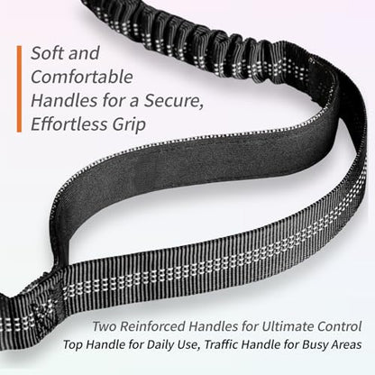 Hands-Free Bungee Dog Leash for Running Walking Small Medium Dogs | 4-6ft length, 28-47in adjustable waist belt, 2 reinforced handles, shock absorbing, reflective anti-pull, black handles - color: Black