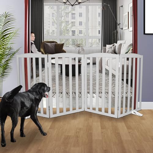 Freestanding Dog Gate Indoor,Doggie Gate Foldable Pet Gates for Doorways,Stairs or Hallways, Wooden Grey Pet Gate for the House, Pet Fence with Support Feet Included,32 "Height-4 Panels - color: Gray, size: 【4 Panels】80‘’w x 32''h