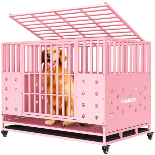 Cammoo 48'' Heavy Duty Dog Crate for Large Dogs, – Upgraded Chew-Proof Panels, Comfort-Widened Floor Panel, Dog Kennel Indoor, Adjustable Internal Height, Easy-Access Wide Door, 4 Lockable Wheels - color: Pink