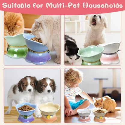 Kathson 4 Pcs Ceramic Raised Cat Food Bowls Elevated Kitty Bowl for Food and Water Anti Vomiting Tilted Cat Bowl for Kittens and Small Dogs Dishwasher and Microwave Safe (8.45 Ounces) - size: Blue,Green,Peach,Pink