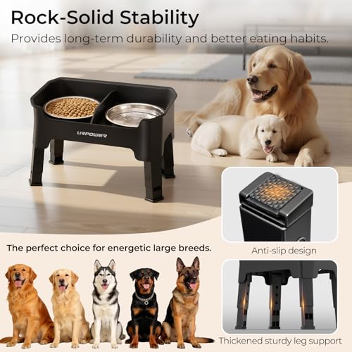 URPOWER Mess Proof Elevated Dog Bowls, High Wall Splash Guard Design, 4 Height Adjustable Raised Bowl Stand, 2 Stainless Steel Bowls, Non-Slip Food Water Set for Small Medium Large Dogs - color: Black, size: Medium
