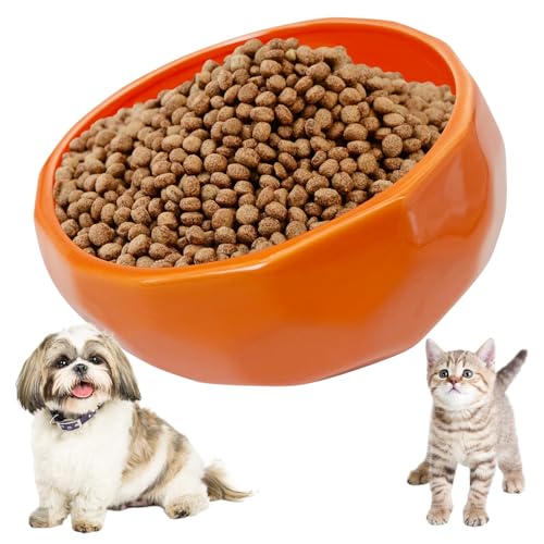 kathson Slanted Ceramic Dog Bowl Tilted 15° Cat Food Water Bowls Dish Animal Pet Comfort Feeding Bowls Heavy Weighted Feeder for Wet or Dry Food (Orange) - color: Orange