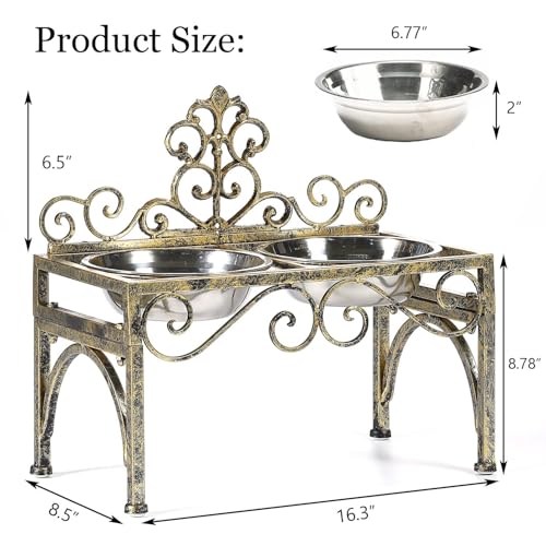 Elevated Dog Bowls for Large Dogs, Metal Raised Dog Feeder, Lifted Dogs Dish Stand with Double Stainless Steel Bowls for Food and Water, Antique Gold Finish Tall Dog Bowl Stand - Height 8.78" - size: 8.78" Height Antique Gold