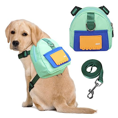 Dog Backpack Harness with Leash,Cute Pet Puppy Backpacks Bulid-in Dog Poop Bag Dispenser,Adjustable Pets Self Carrier Bag for Small Medium Dogs Travel Hiking Daily Walking(S, Green) - color: Green, size: Small