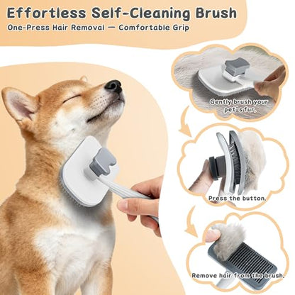 3-Piece Dogs & Cats brush for shedding - Self Cleaning Slicker Brush, Dematting Comb & Nail Clipper - Professional 3-in-1 Grooming Set for Shedding, Mats & Tangles - Easy At-Home Pet Care Tools