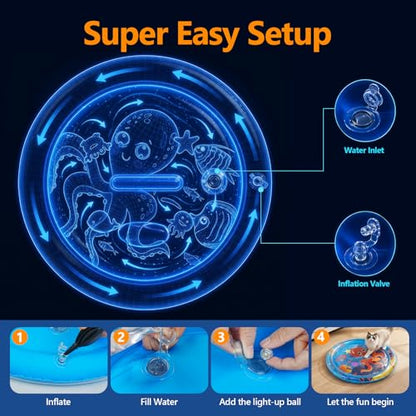 Thickened Cat Sensory Water Play Mat, Interactive Aqua Cats Water Mat with Floating Fish and 2 Balls for Cats & Dogs, Indoor Pet Water Bed Play Mat - color: Round