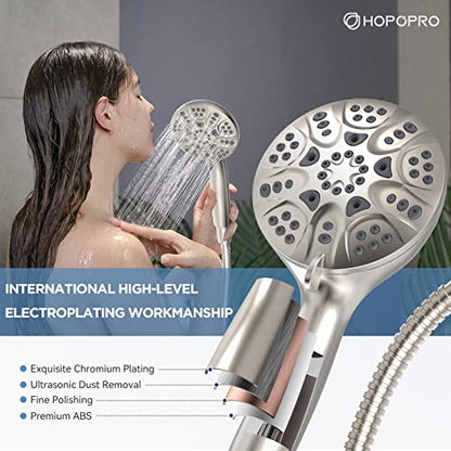6-Mode High Pressure Handheld Shower Head Set, Consumer Reports Recommended HOPOPRO High Flow Hand Held Showerhead with 59 Inch Hose Bracket Teflon Tape Rubber Washers - color: Brushed Nickel, style: 6 Modes