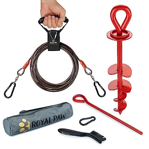 ROYAL PAW 30ft Dog Tie Out Cable and Stake - Dog Stake & Dog Tie Out Heavy Duty for Large Dogs up to 300 lbs (30-ft Onyx Black Dog Lead and Crimson Red Dog Anchor)