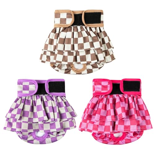 wegreeco Dog Diapers Female (3 Pack), Highly Absorbent Puppy Doggie Dog Diapers for Female Dogs Period, Washable Doggy in Heat, Small Medium Large Size (Checkerboard Red, Purple, Coffee, Medium) - color: Checkerboard Red, Purple, Coffee, size: Medium (Pac