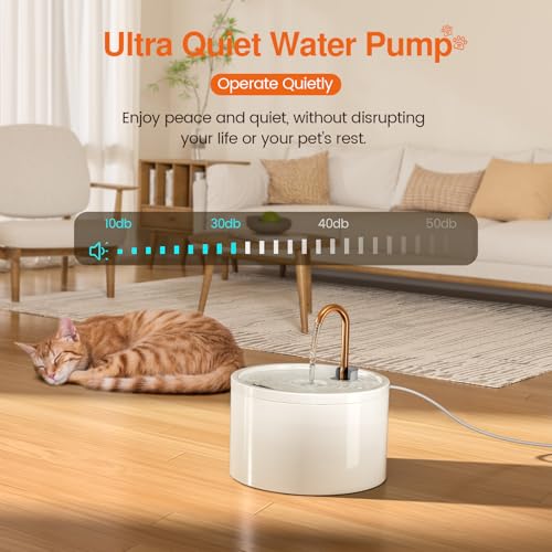 MISFANS Ceramic Cat Water Fountain - 2.1L/71oz - All-Ceramic Body & Pure Copper Water Spout - Non-Toxic - Automatic Pet Drinking Fountain Indoor with Ultra-Quiet Pump, and 3Pcs Filter & Sponge (White)