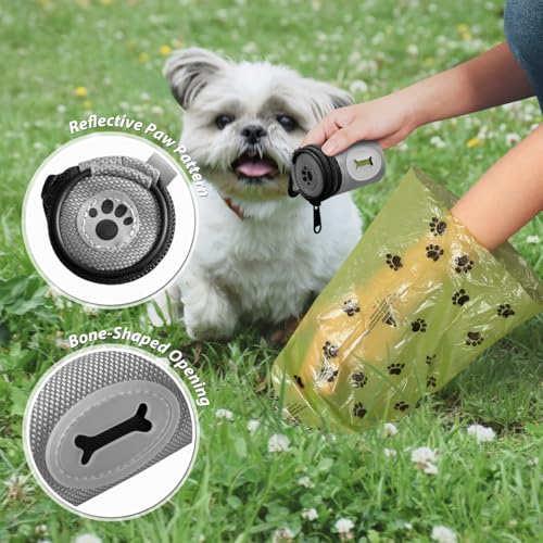 FURHAB Glow Dog Poop Bag Holder for Leash Doggie Waste Bag Dispenser Puppy Potty Carrier Small Doggy Zipper Pouch with Carabiner Clip 1680D Nylon Oxford with 1 Roll of Pet Trash Bags, Silver - color: Silver