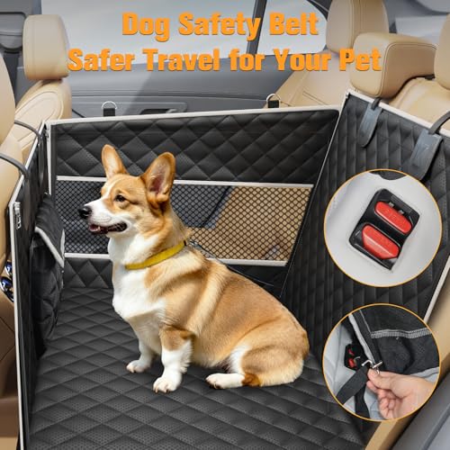 PETICON Dog Car Seat for Large Medium Dogs, One-Piece Hard Bottom Back Seat Extender for Dogs with 2 Mesh Windows, Waterproof Pet Carseat with Storage Pocket for Cars, SUVs and Trucks - size: L