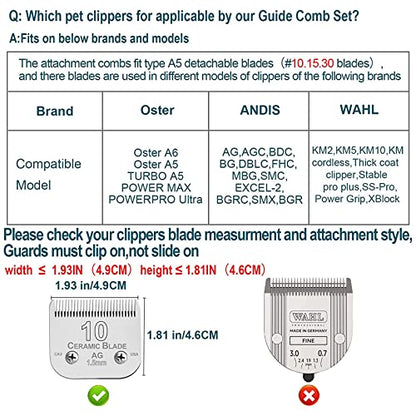 Dog Stainless Steel 5 Color Comb Compatible with andis oster A5 wahl km10 | Only fit for 10#/15#/30# Detachable Blade，Guide Comb Set Cutting Length 19mm-32mm - color: 5 PACK(3mm-16mm)