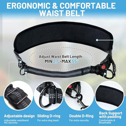 Hands Free Double Dog Leash No Tangle, Waist Leash for Dog Walking, Retractable Dog Leashes for Medium and Large Breeds-Pouch & Lumbar Support, Adjustable Waist Belt, Retractable Bungee,Padded Handles