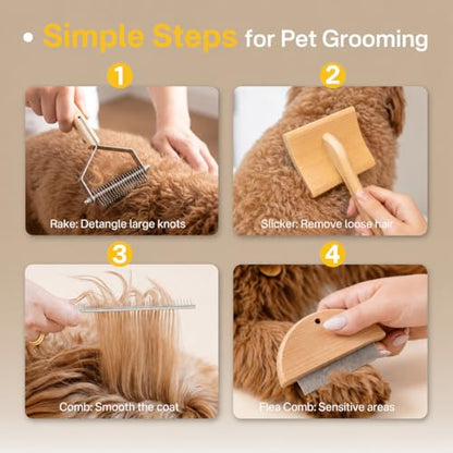4PCS Dog Brush for Shedding, Slicker Brush for Dogs, Deshedding Dog Brush and Undercoat Rake, Pet Grooming Metal Comb Set, Grooming Supplies Kit for Long Haired Pets and Thick Fur - color: Bamboo 4pc Set