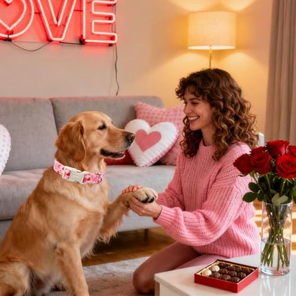 DOGWONG Valentine's Dog Collar - Pink Heart Adjustable Cotton Heart Dog Collar - Cute Dog Collars Perfect for Small Dogs - color: Z: Paw Heart, size: Extra Small