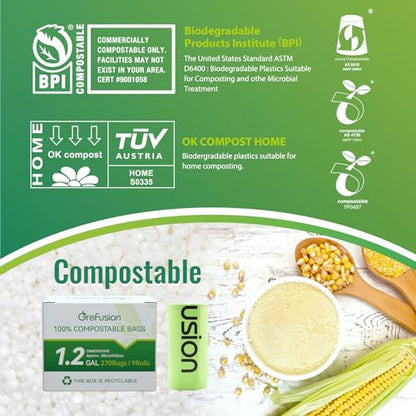 GreFusion Compostable Trash Bags, Small 2.6 Gallon, 270 Count, 0.72 Mils Thick, Eco Friendly, ASTM D6400 & BPI Certified, Composts Food Scraps, No Leaks - color: 2.6G-270count