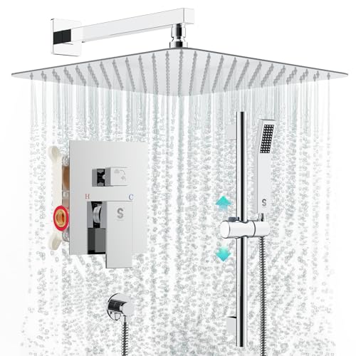 SR SUN RISE 12 Inch Slide Bar Shower System, Square Rain Shower Head and Handheld Spray, Wall Mounted Shower Faucets Sets Complete Included Valve and Shower Trim Kit, Polished Chrome - color: Polished Chrome, style: 12"