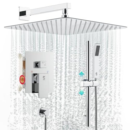 SR SUN RISE 12 Inch Slide Bar Shower System, Square Rain Shower Head and Handheld Spray, Wall Mounted Shower Faucets Sets Complete Included Valve and Shower Trim Kit, Polished Chrome - color: Polished Chrome, style: 12"
