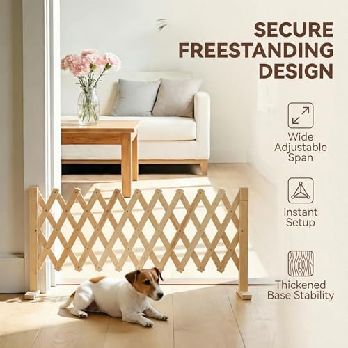 Adjustable Freestanding Wooden Pet Gate for Doorways & Stairs - Pressure Mounted Short Dog Gate, 15in Tall Freestanding Gate Expands 14 to 49in Wide for Dogs and Cats