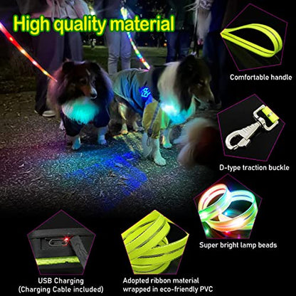 LED Waterproof Pet Dog Leash USB Rechargeable Fashionable Color Glow in the Dark Night Walk Safety Dog Leash for Medium to Large Dogs - color: Lightgreen