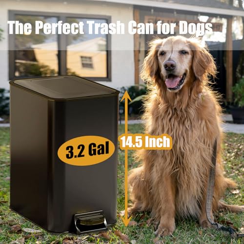 Metal Dog Pooper Scooper for Yard - 3.2Gal Dog Poop Trash Can Outside with Pedal - Pet Waste Container Outdoor - Stainless Steel Garbage Bucket with Lid - Trash Bin, Long Handle Tray and Rake - Black